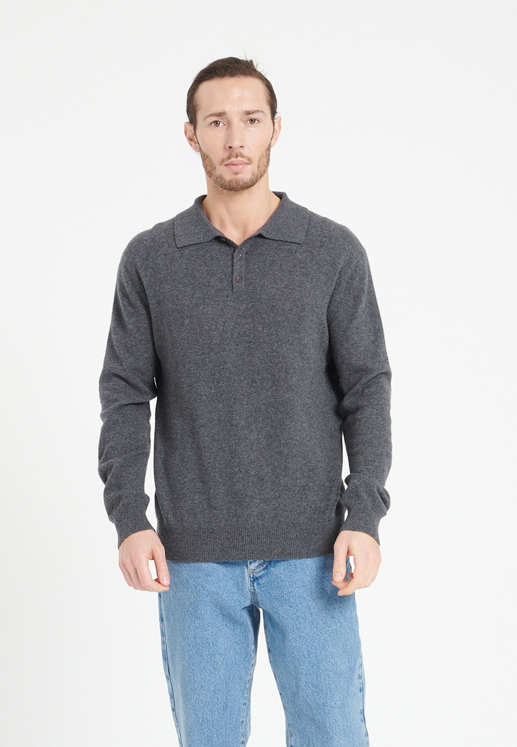 Polo manches longues homme en cachemire gris anthracite - LUKE 5